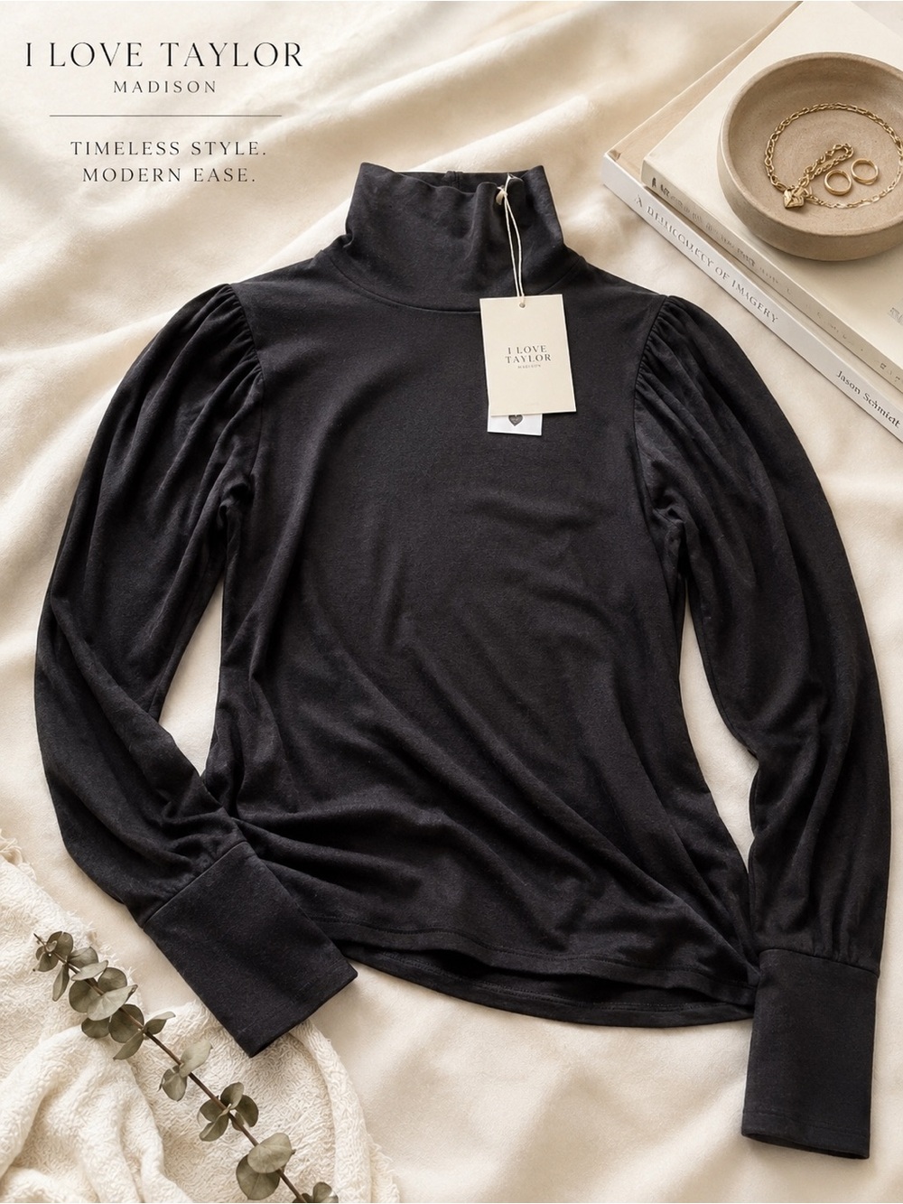 Black Puff-Sleeve Turtleneck Top
